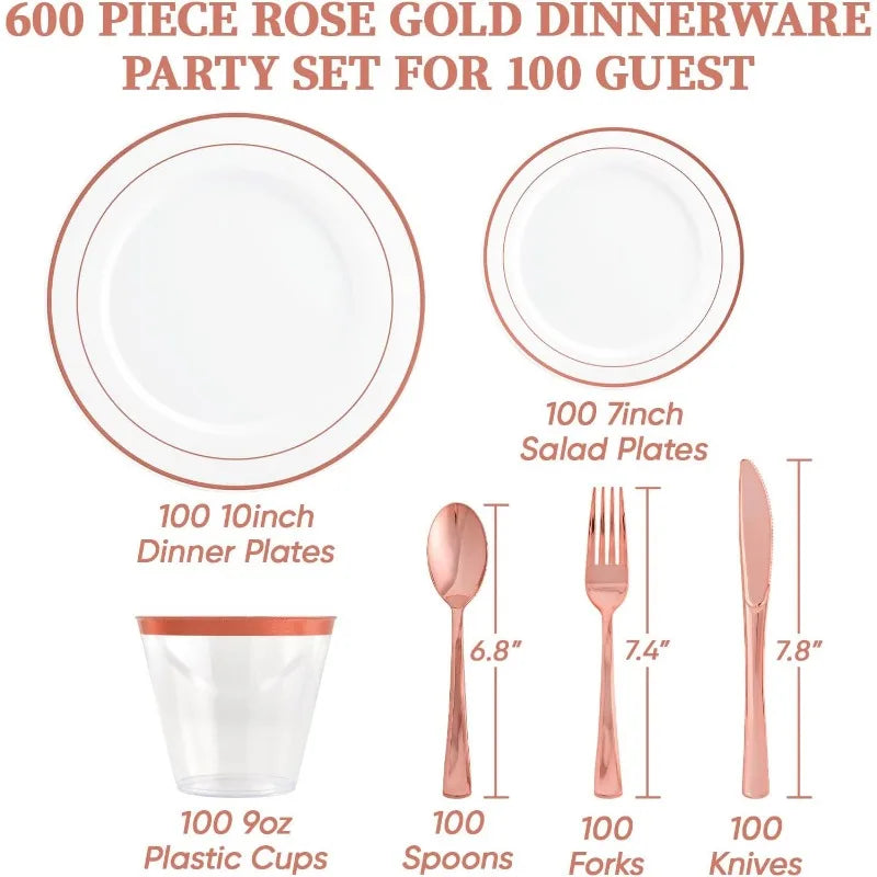 600pcs Dinnerware 100-Guests, Disposable Plates, Cups, tableware