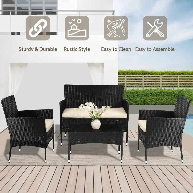 4Pcs Patio Outdoor Furniture Rattan Chairs, Sofa, Coffee Table