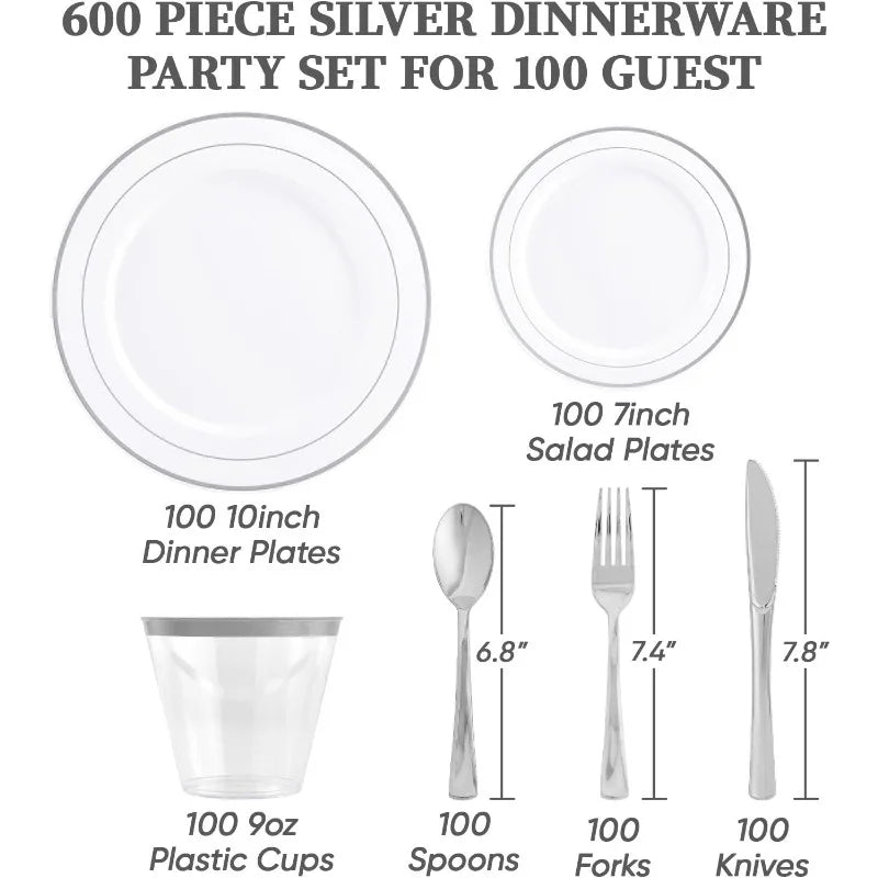 600pcs Dinnerware 100-Guests, Disposable Plates, Cups, tableware