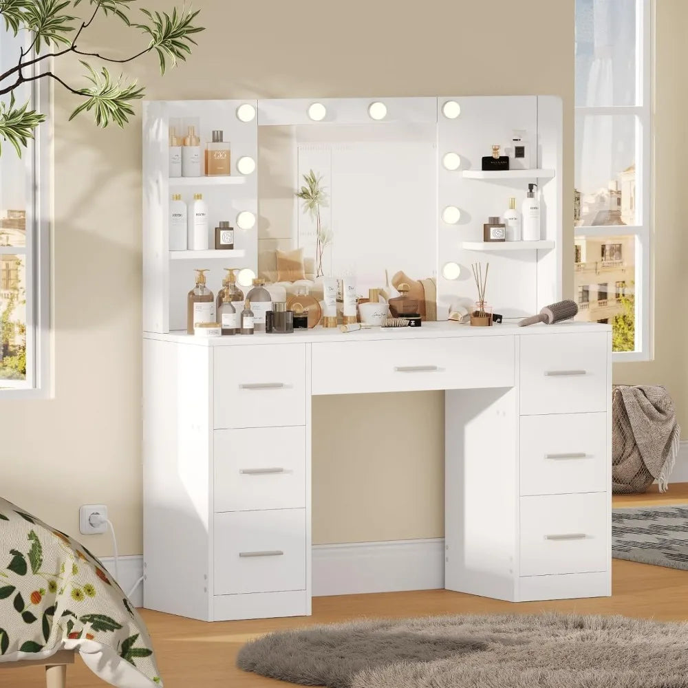 Makeup Vanity, 10-LED-Lights, 7-Sliding Drawers, Brightness Adjustable