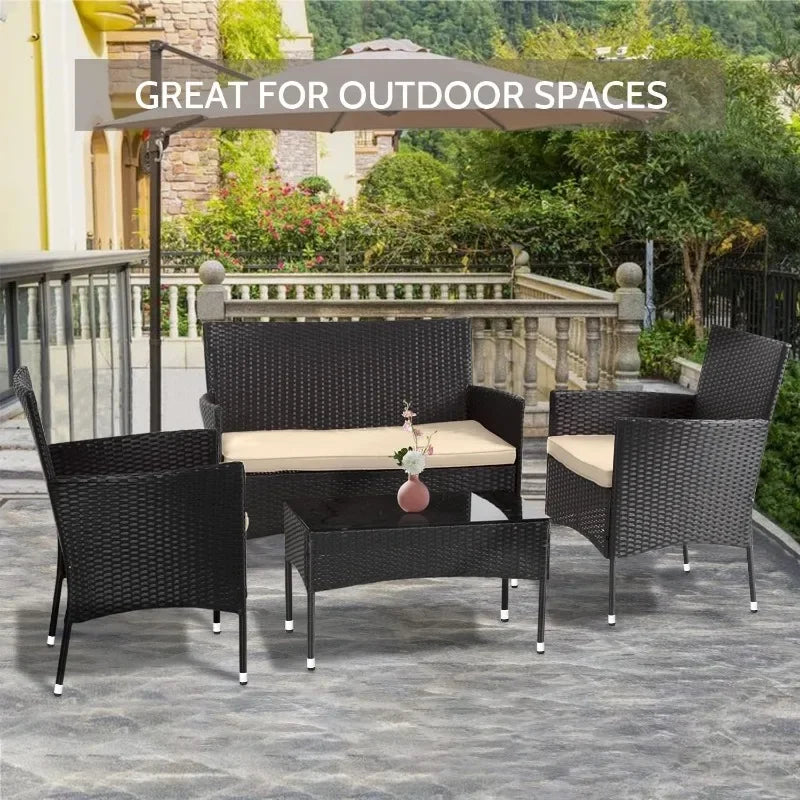 4Pcs Patio Outdoor Furniture Rattan Chairs, Sofa, Coffee Table