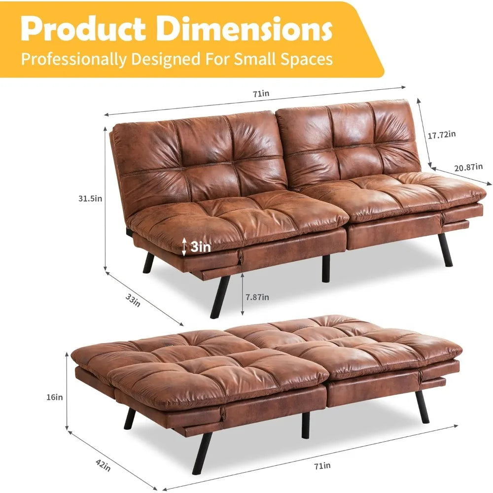 Leather Futon Couch Foldable Bed Loveseat Natural Brown