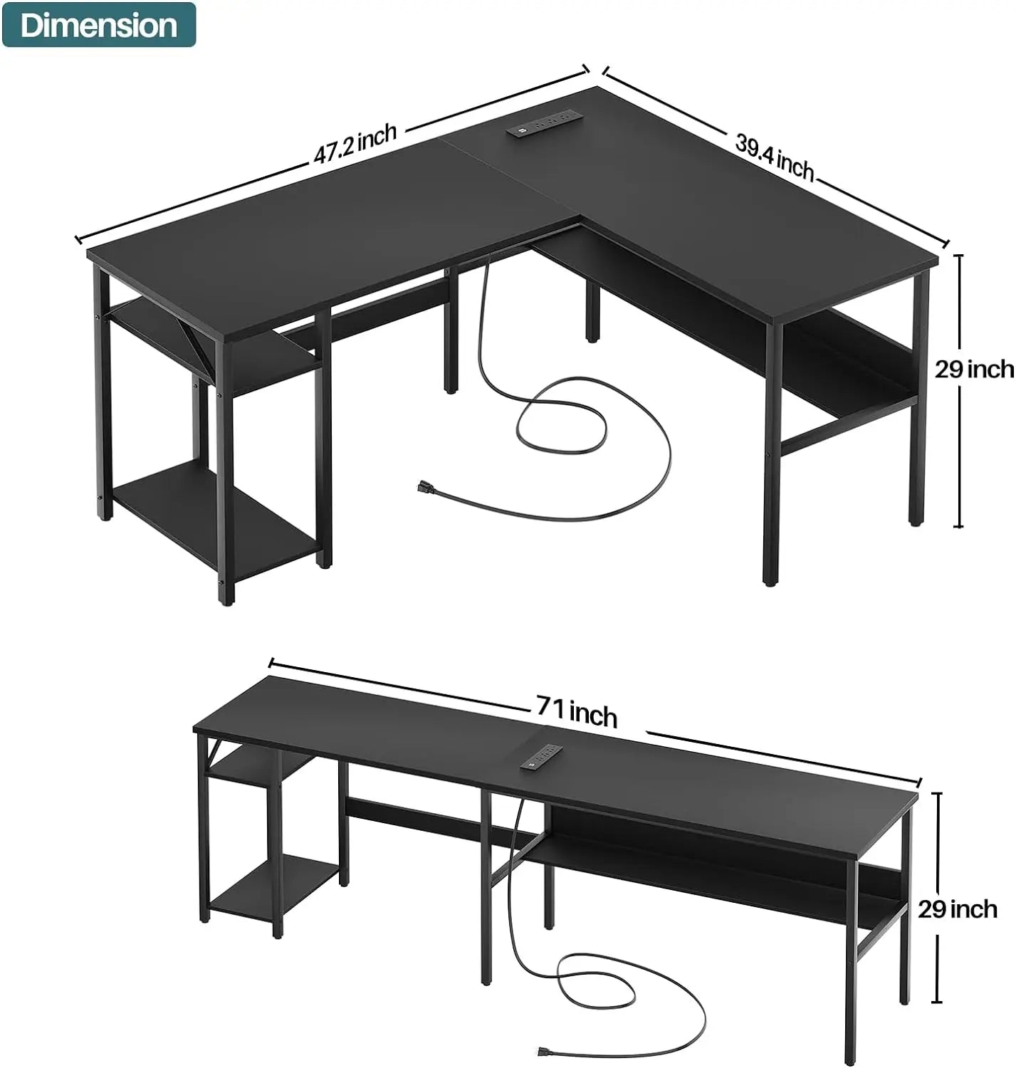 L-Shaped Computer Work Desk Home Office Power/USB