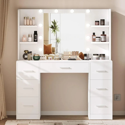 Makeup Vanity, 10-LED-Lights, 7-Sliding Drawers, Brightness Adjustable