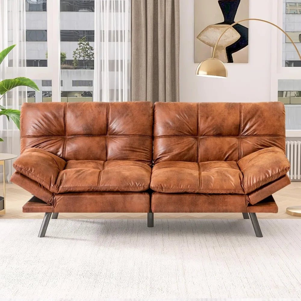 Leather Futon Couch, Foldable Bed, Loveseat, Natural Brown