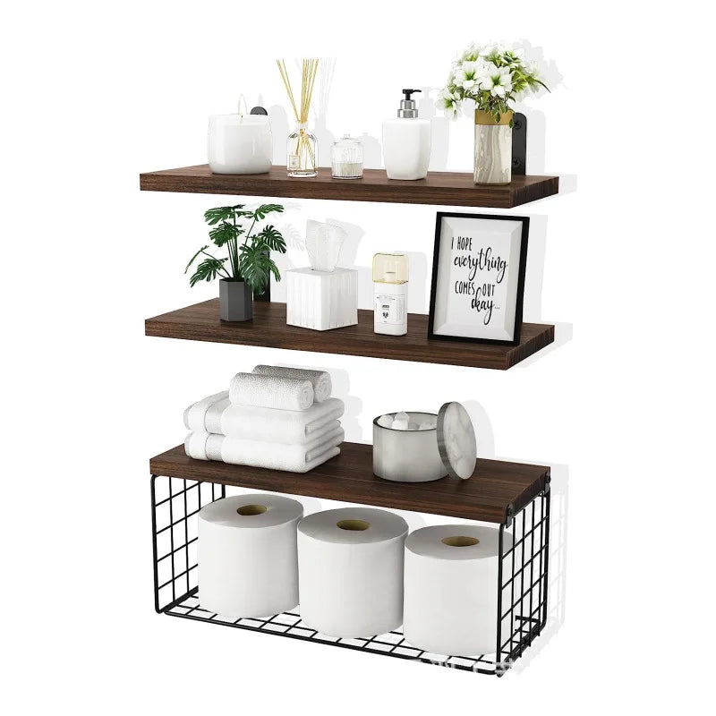 Wall-Mounted Floating Shelves, 3-Set Wood for Bathroom, Bedroom