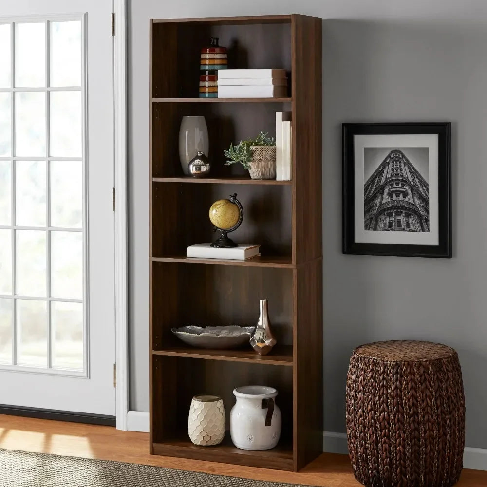 5-Shelf Bookcase Adjustable Shelves, Canyon Walnut Open Storage