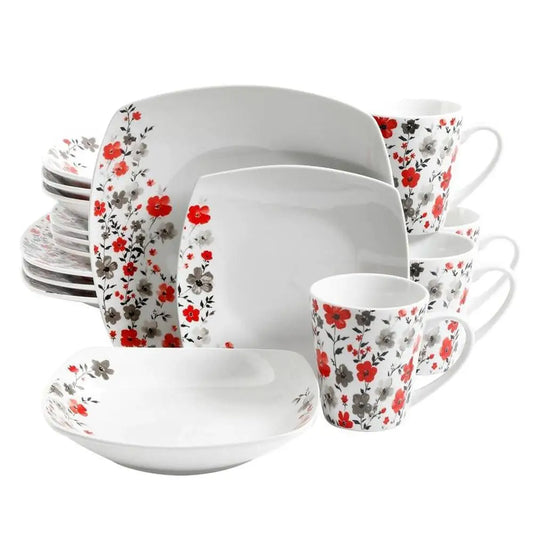 16pc Round-Square Floral Ceramic Dinnerware Set for 4