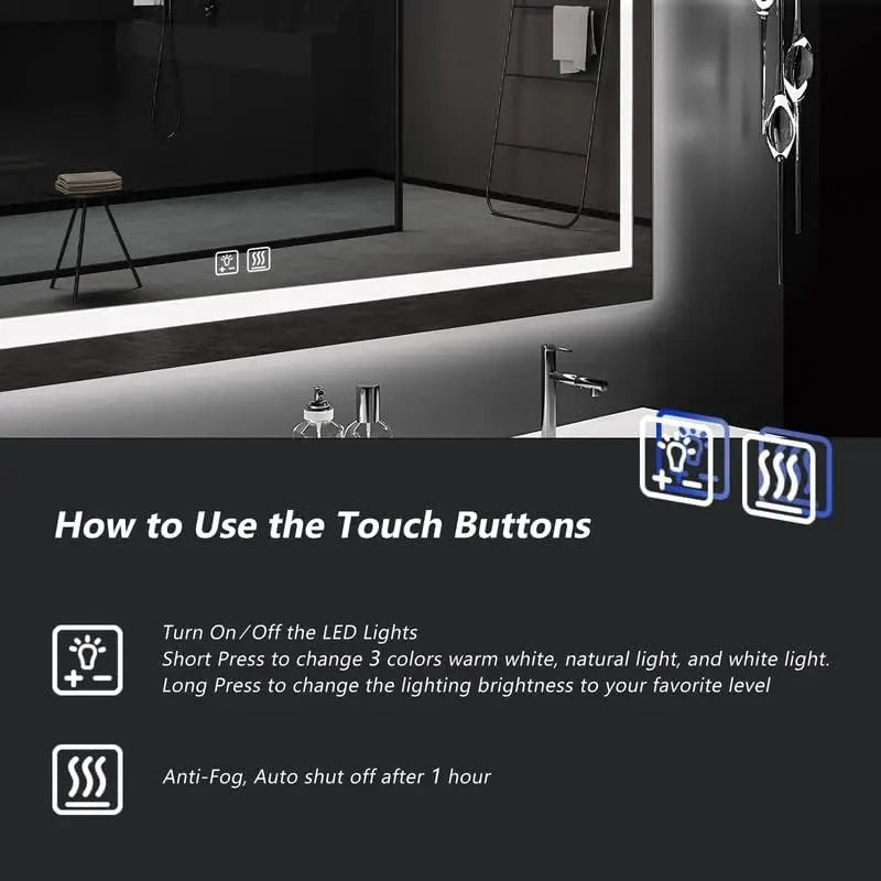 48x36 Inches LED Bathroom Mirror, Anti-Fog, 3-Color, Dimmable Light