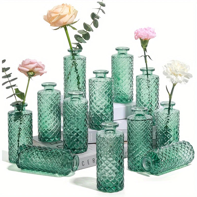 Vintage Glass Bud Vases Set Of 12, Small Diamond Bud Vases