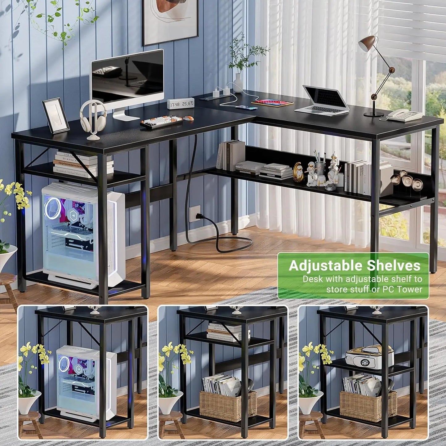 L-Shaped Computer Work Desk Home Office Power/USB